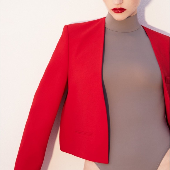 Zara Red Collarless Crop Blazer - Picture 12 of 16